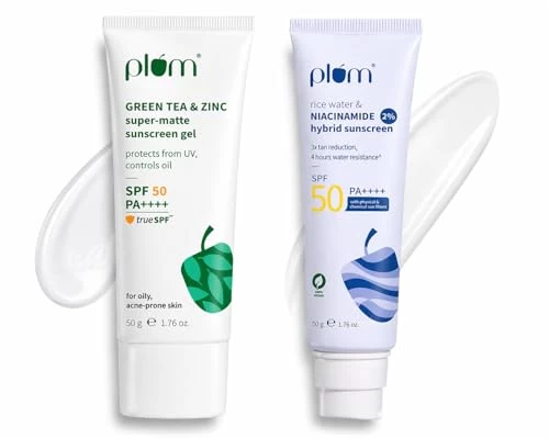Plum Sunscreen Duo SPF 50 PA++++ (50g Each) | Niacinamide & Rice Water Sunscreen + Green Tea & Zinc Super-Matte Gel