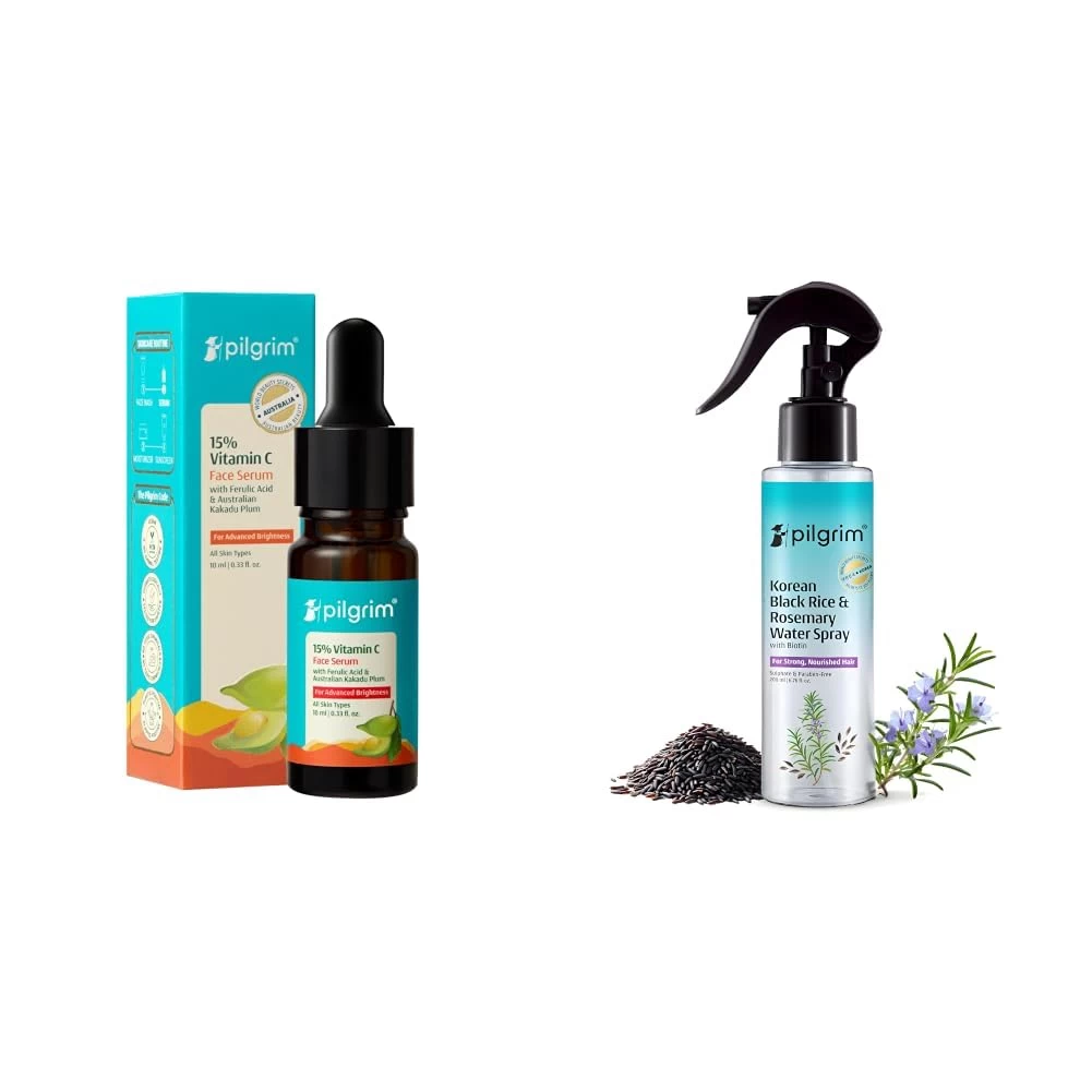 Pilgrim 15% Vitamin C Serum 10ml for Glowing Skin with Ferulic Acid & Kakadu Plum & Korean Black Rice and Rosemary Water Spray With Biotin For Strong, Nourished Hair 200ml