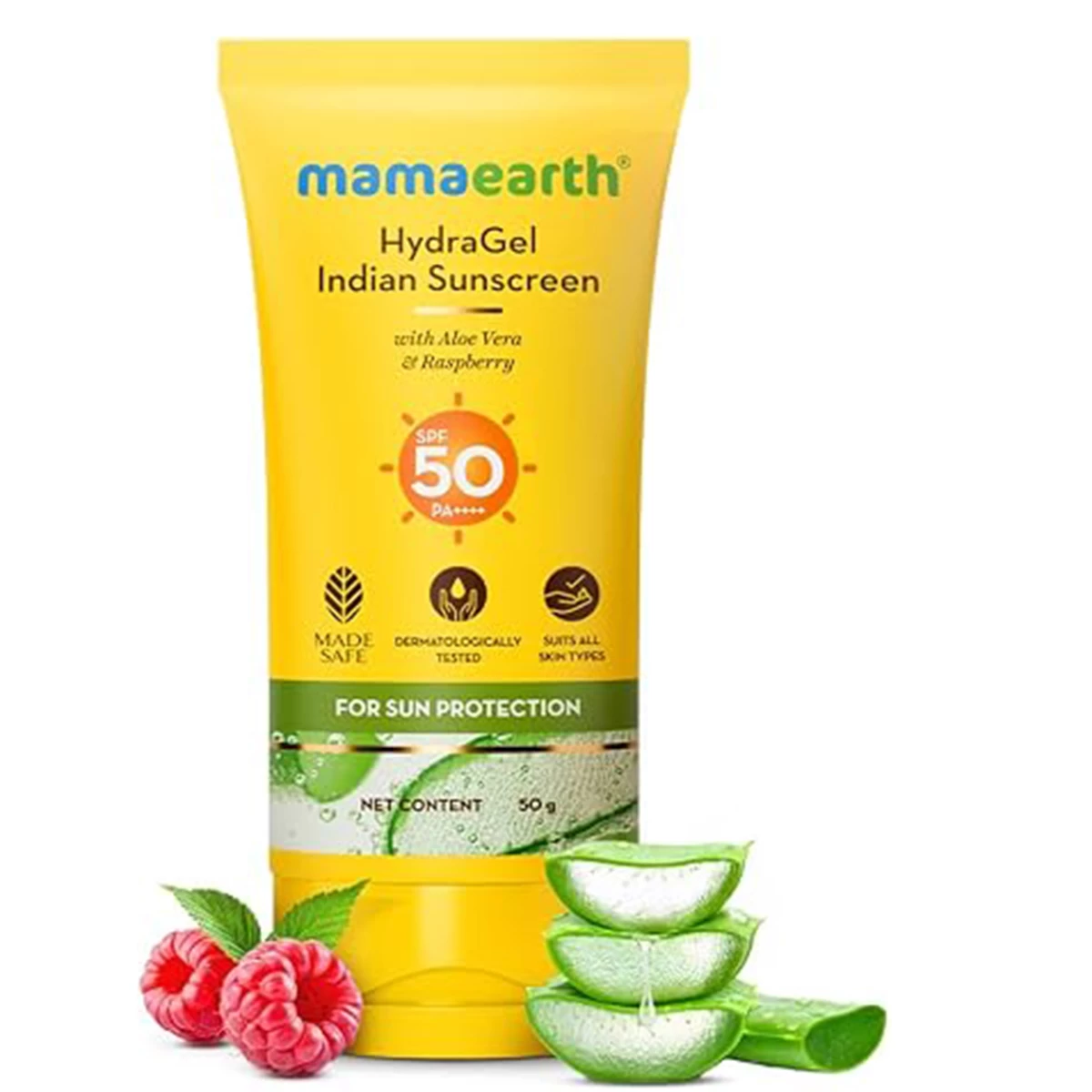 Mamaearth HydraGel Indian Sunscreen with Aloe Vera and Raspberry for Sun Protection | SPF 50 & PA++++ Protection | Shields from UVA & UVB Rays | Tan Protection | Non-Sticky & Light | 50 g