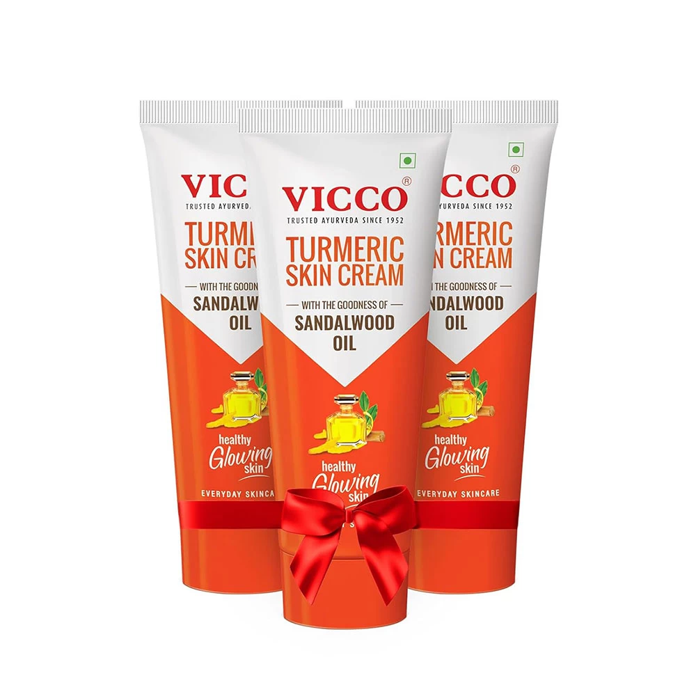 Vicco Turmeric Skin Cream | With Turmeric & Sandalwood Oil for Glowing Skin I Acne Control & Natural Glow I Trusted Ayurvedic Care for Long-Lasting Healthy Skin | 50gm | Pack of 3