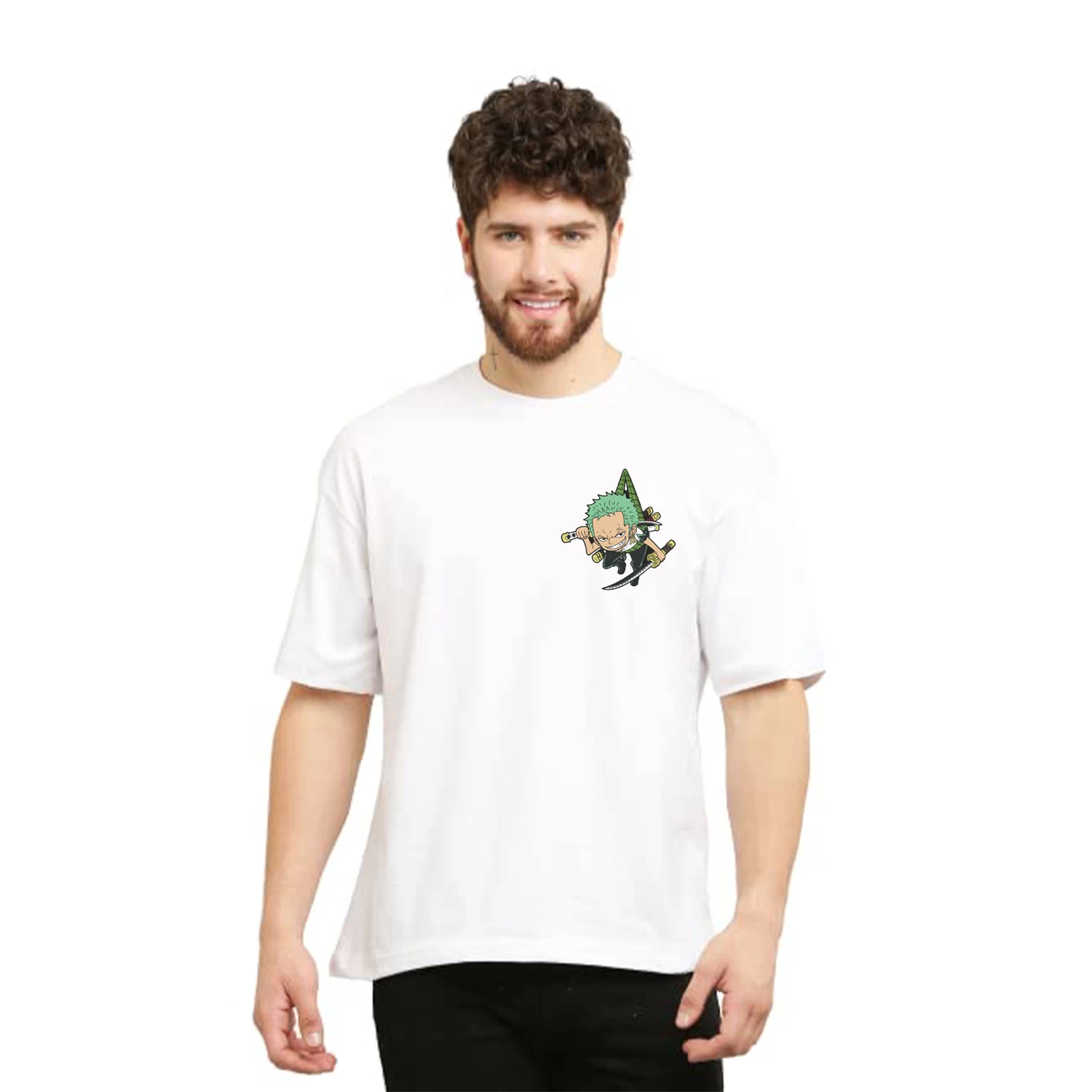 Anime Oversized Tshirt for Men and Women Drop Shoulder Loose Baggy Fit Off White Unisex Pure Cotton T-Shirt Roronoa Zoro