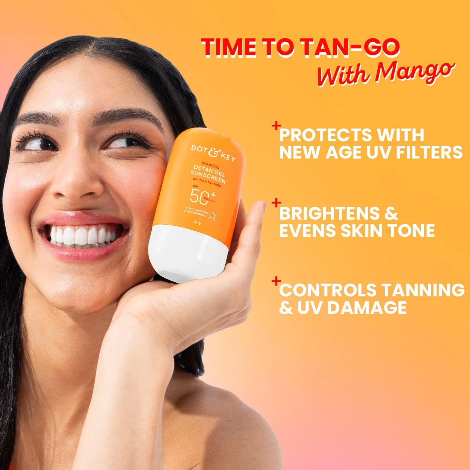 Dot & Key Mango Detan Gel Sunscreen In-Vivo Tested SPF 50+ PA++++, Oil-Free Formula, With Alpha-Arbutin & Niacinamide, Controls Tanning, 120 Minutes Water Resistant, Brightens & Evens Skin Tone | 50g