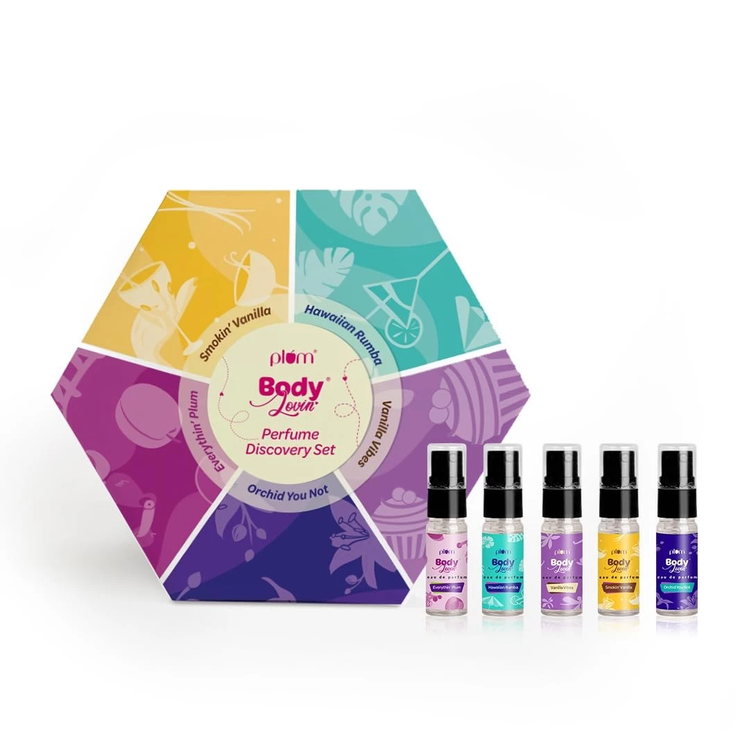 Plum BodyLovin' Perfume Discovery Set | 5X5ml Perfumes- Vanilla Vibes, Hawaiian Rumba, Orchid-You-Not, Everythin' Plum & Smokin' Vanilla | Long Lasting & Travel-Friendly Pocket Perfumes | Gift Set