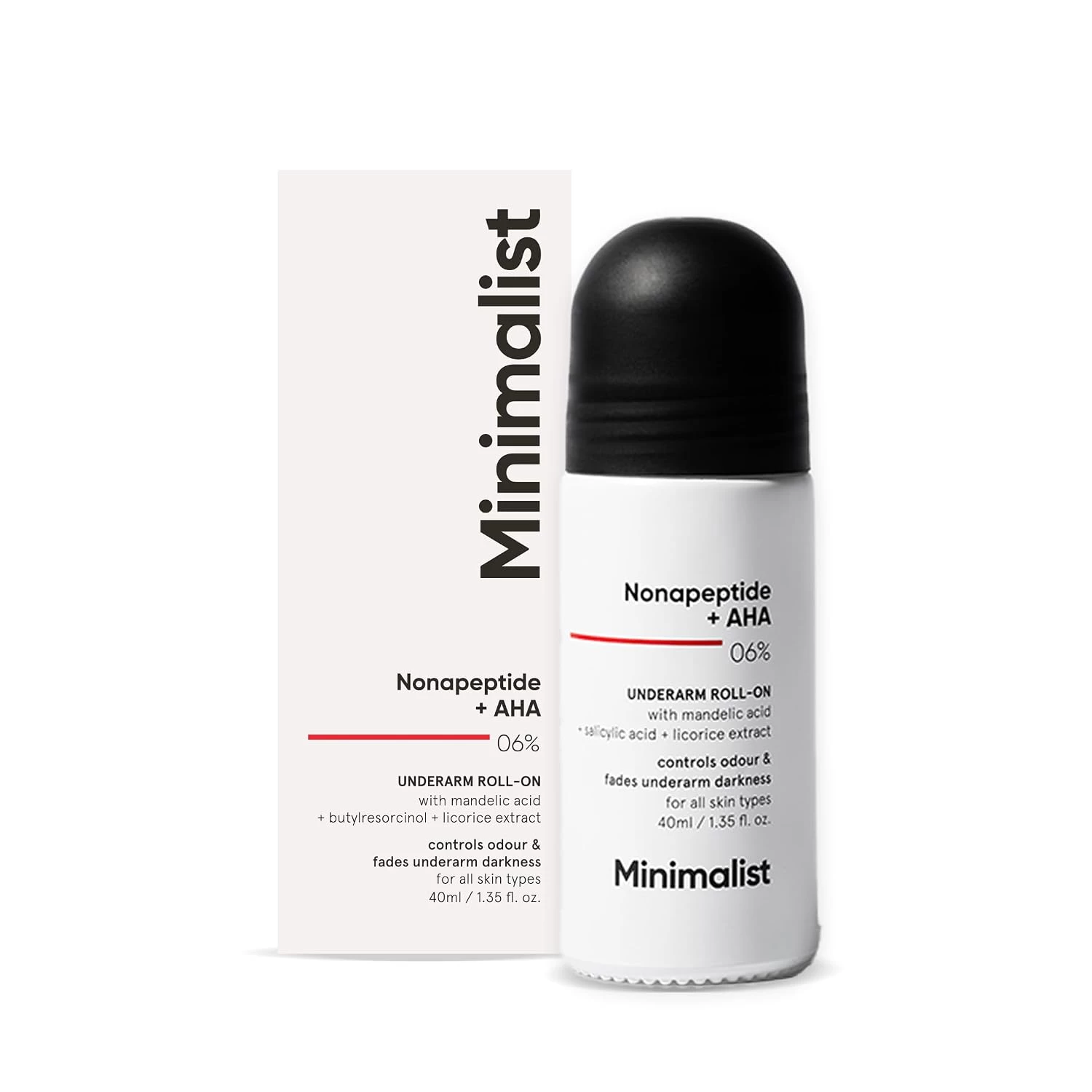 Minimalist Underarm Roll On Deodorant with Nonapeptide + AHA BHA 06% | Controls Odour & Fades Darkness | Fragrance & Aluminium Free | Exfoliating Deo For Women & Men |