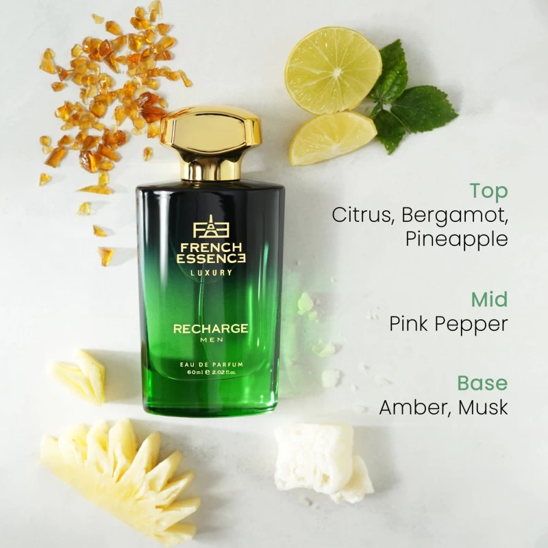 French Essence Recharge Premium Perfume for Men | Long Lasting Luxury Eau de Parfum | Fresh Citrusy & Musk Scent | Ideal Gift Perfume | 60 ml