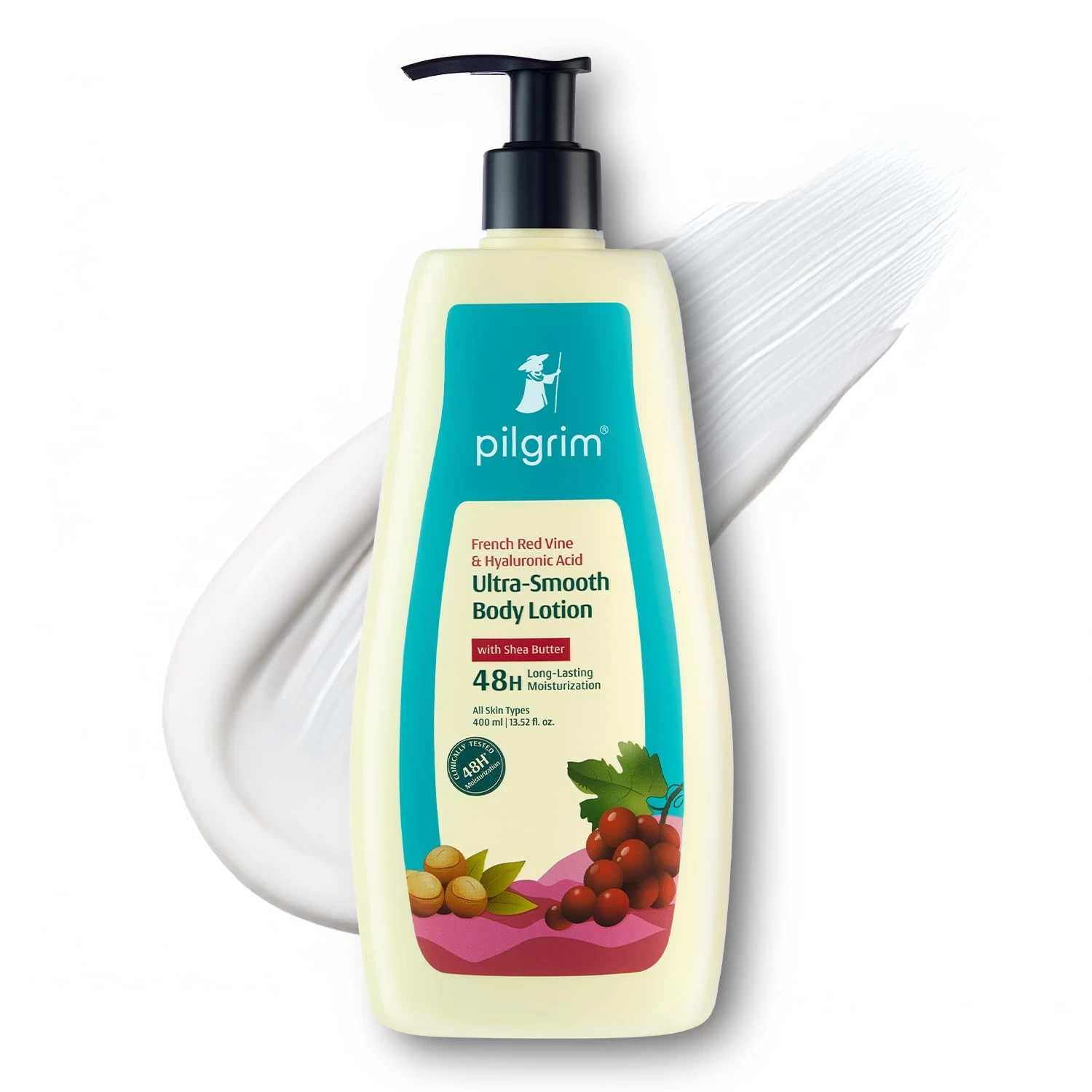 Pilgrim French Red Vine & Hyaluronic Acid Ultra Smooth Body Lotion | 48H Moisturization | Body lotion for dry skin | Infused With Shea Butter | For All Skin Types 400ml (400ml, Red Vine Ultra Smooth B