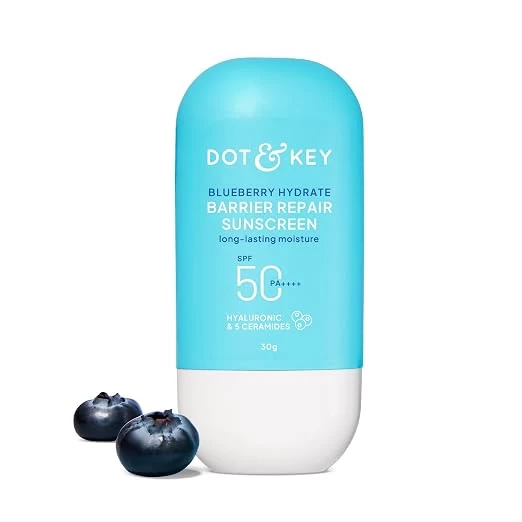 Dot & Key Blueberry Hydrate Barrier Repair Sunscreen In-Vivo Tested SPF 50+ PA++++ | With Ceramides & Hyaluronic, Hydrates & Protects Skin | Repairs Damaged Skin, Lightweight, Non-Sticky, Non-Greasy |