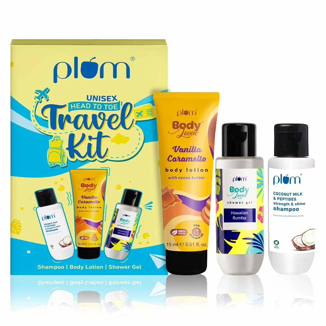 Plum Unisex Head To Toe Travel Kit | Hawaiian Rumba Shower Gel | Coconut Milk & Peptides Shampoo | Vanilla Caramello Body Lotion | Travel Friendly Personal Care Set