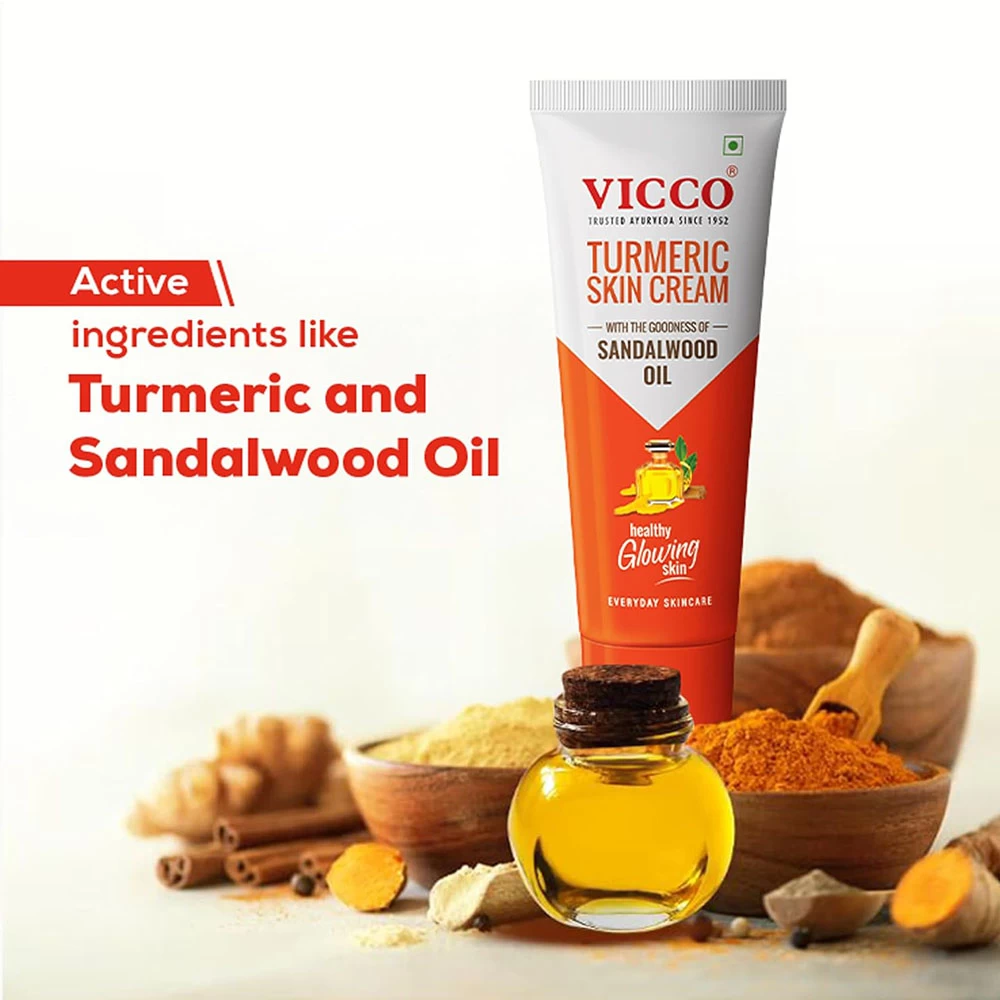 Vicco Turmeric Skin Cream | With Turmeric & Sandalwood Oil for Glowing Skin I Acne Control & Natural Glow I Trusted Ayurvedic Care for Long-Lasting Healthy Skin | 50gm | Pack of 3
