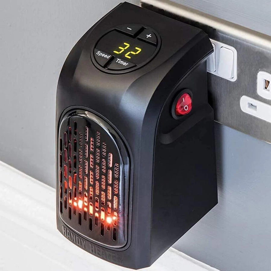 Kitchen Shop Small Electric Handy Room Heater Compact Plug-in, The Wall Outlet 400Watts Mini Handy Heater Fan Wall-Adjustable Timer Digital Display for Office/Camper Fan Room Heater