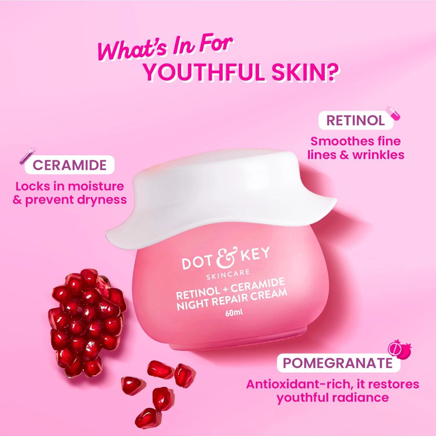 Dot & Key Night Reset Retinol + Ceramide Night Cream | Anti Aging Cream For Women & Men | Reduces Fine Lines & Wrinkles | Oil Free & Non Sticky Moisturizer | For Glowing Youthful Skin | For All Skin T