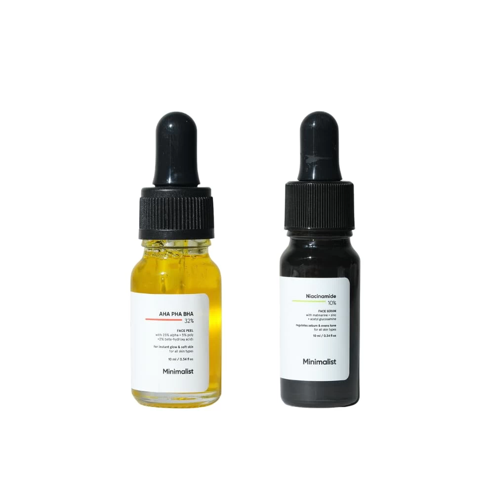 Minimalist AHA BHA PHA 25% Peeling Solution + 10% Niacinamide Serum with Zinc Mini Combo | Acne Marks Removal, Oil Control, Pore Minimizing & Skin Brightening Combo for Oily & Acne-Prone Skin