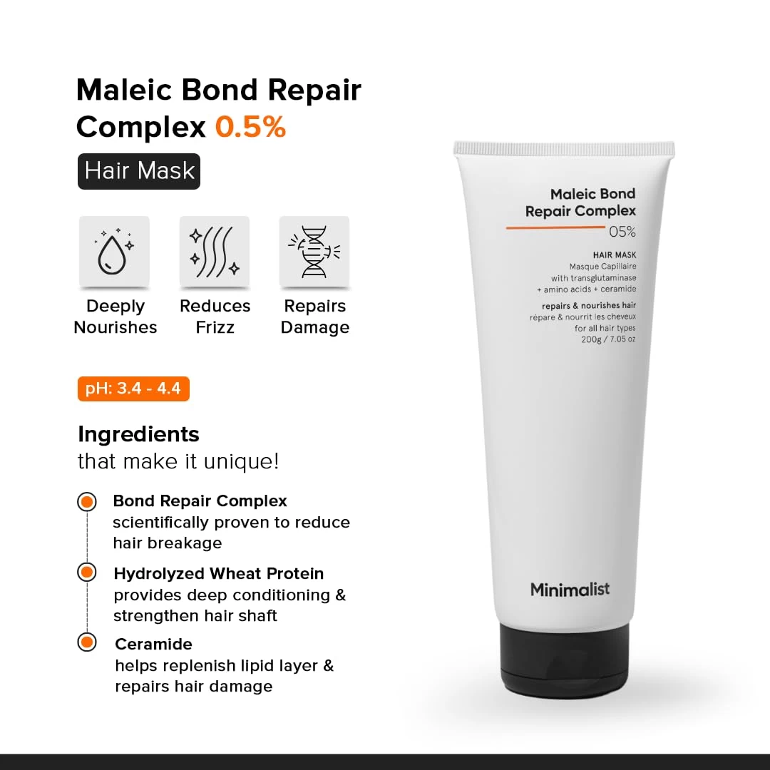 Minimalist Hair Mask for Frizzy & Damaged Hair | 5% Maleic Bond Repair Complex with Amino Acids & Ceramides | Repairs Dry, Dull Hair, Controls Frizz | For Treated Hair | Men & Women |