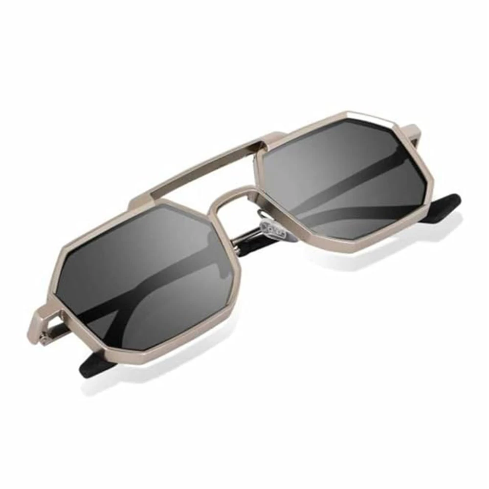 Octagon Geometric Sunglasses with Silver Metal Frame & Black Lens for Men & Women
