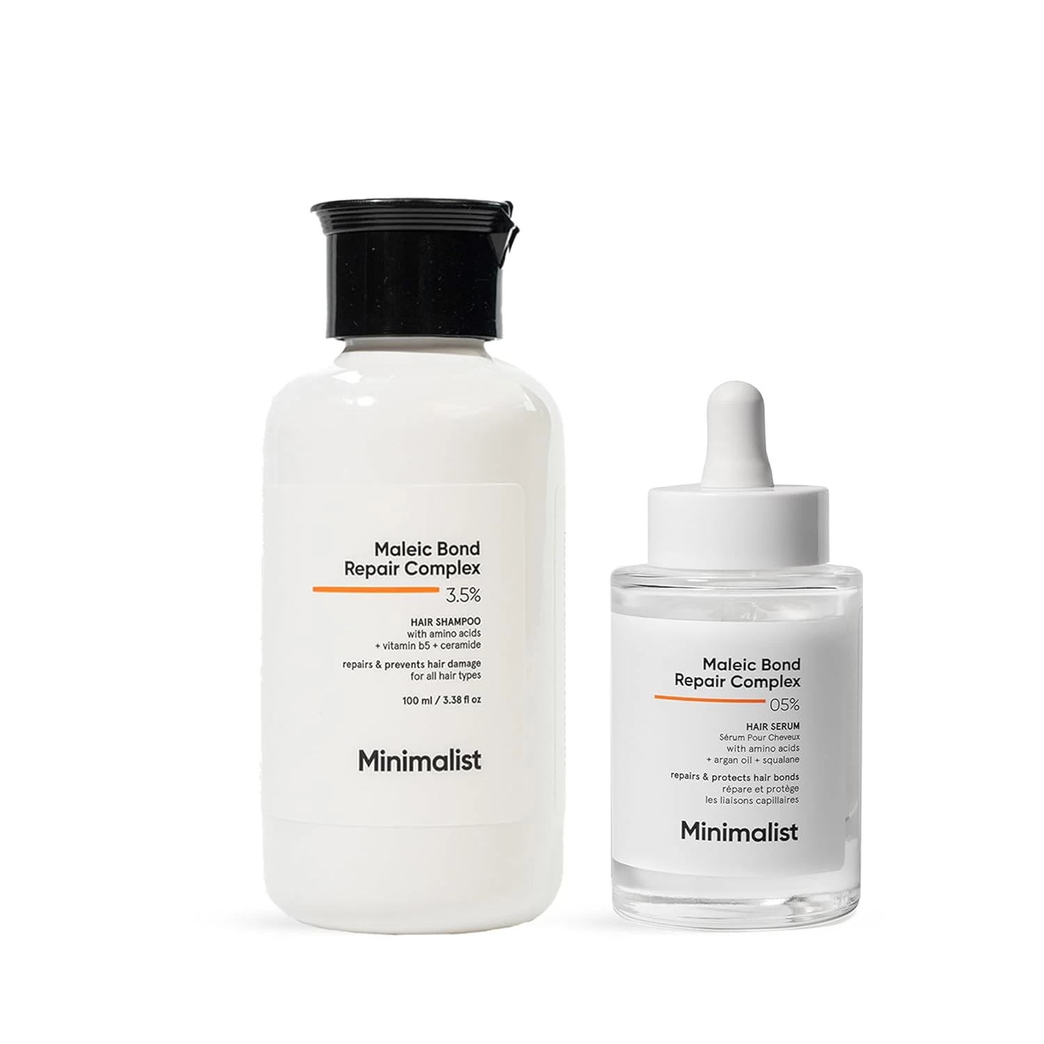 Minimalist Bond Repair Hair Duo for Damaged & Frizzy Hair | Maleic Bond Repair Shampoo + Hair Serum | Repairs Weak Hair Bonds, Reduces Breakage & Controls Frizz | For Women & Men