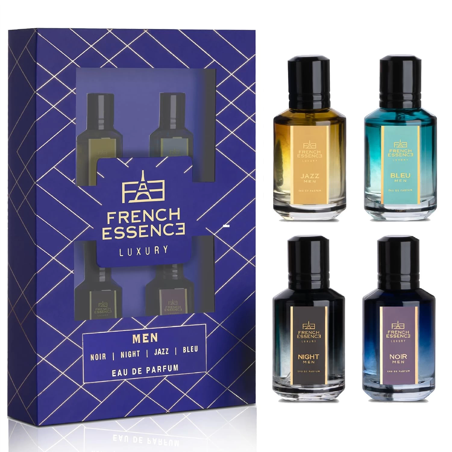 French Essence Luxury Gift Set for Men - Premium Eau de Parfum Blue (Noir, Night, Jazz and Bleu 25ml Each) 100ml