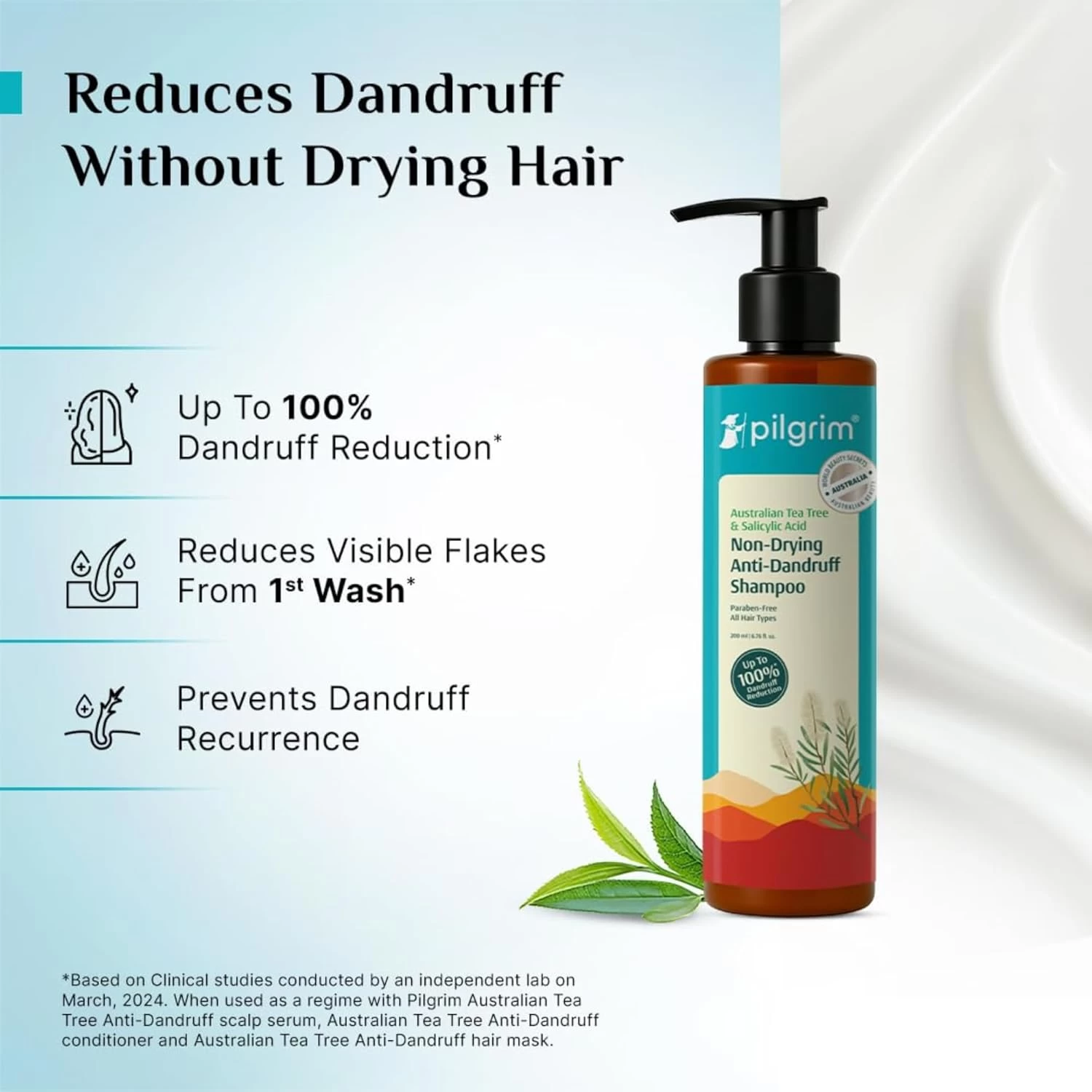 Pilgrim Australian Tea Tree & Salicylic Acid Anti-Dandruff Shampoo with Cool Menthol | Up to 100% Dandruff Reduction*| Soothes Itchy Scalp | Non-Drying Formula | All Hair Types | For Men & Women
