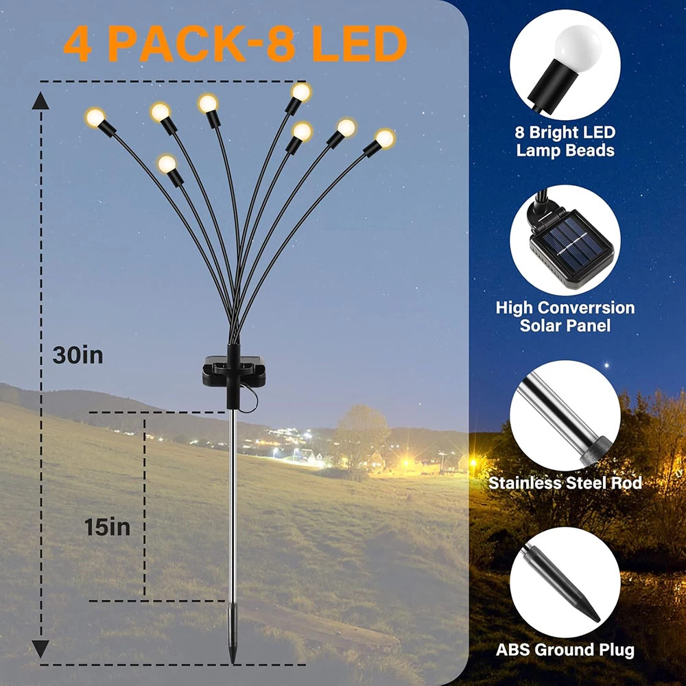 8 LED Solar Powered Firefly Lights Solar Garden Lights, Outdoor Waterproof, High Flexibility Swaying Lights Solar Outdoor Lights for Pathway Patio Yard Walkway Decoration Warm White