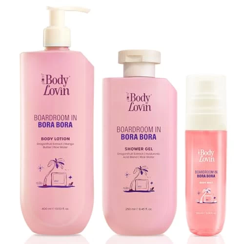 Plum BodyLovin’ Boardroom In Bora Bora Bath & Body Combo | Body Lotion 400 ml + Shower Gel 250 ml + Body Mist 100 ml