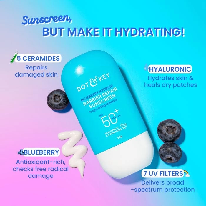 Dot & Key Blueberry Hydrate Barrier Repair Sunscreen In-Vivo Tested SPF 50+ PA++++ | With Ceramides & Hyaluronic, Hydrates & Protects Skin | Repairs Damaged Skin, Lightweight, Non-Sticky, Non-Greasy |