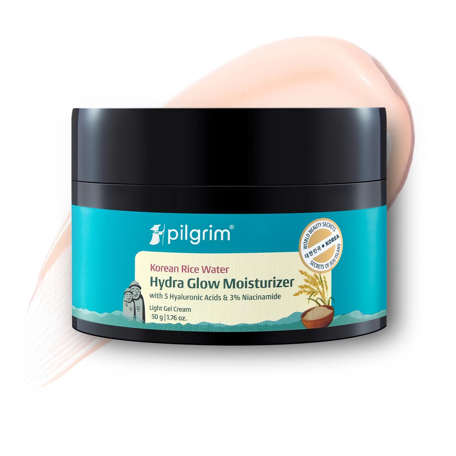 Pilgrim Korean Light Gel Oil Free Hydra Glow Moisturizer Cream 50 g| With Hyaluronic Acids, 3% Niacinamide, Rice Water for 5x Hydration & Instant Glass Skin | Hydrating Gel for All Skin Type