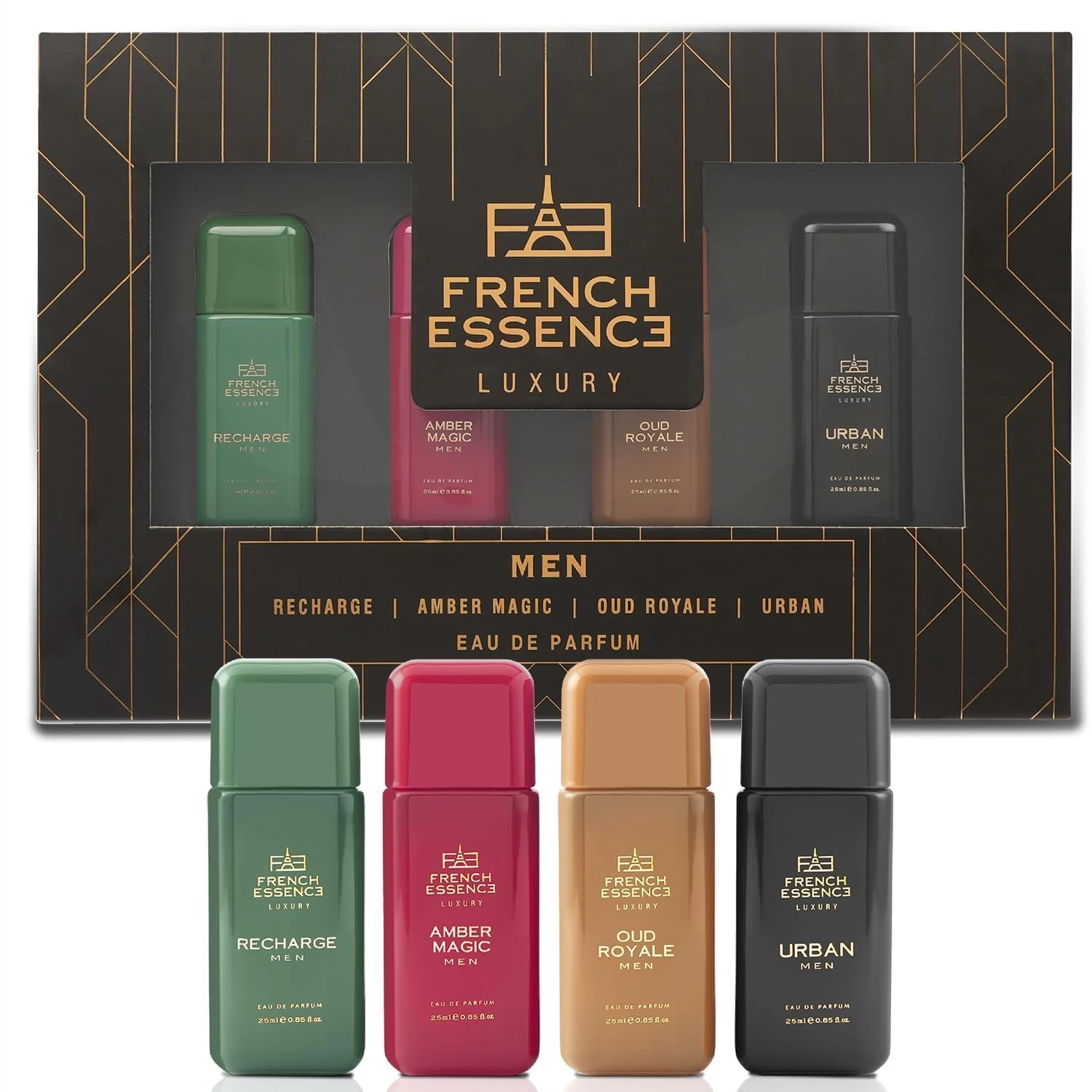 French Essence Luxury Perfume Gift Set for Men - Premium Oud Eau de Parfum Black (Recharge, Amber Magic, Oud Royale and Urban) 100ml (25ml Each)