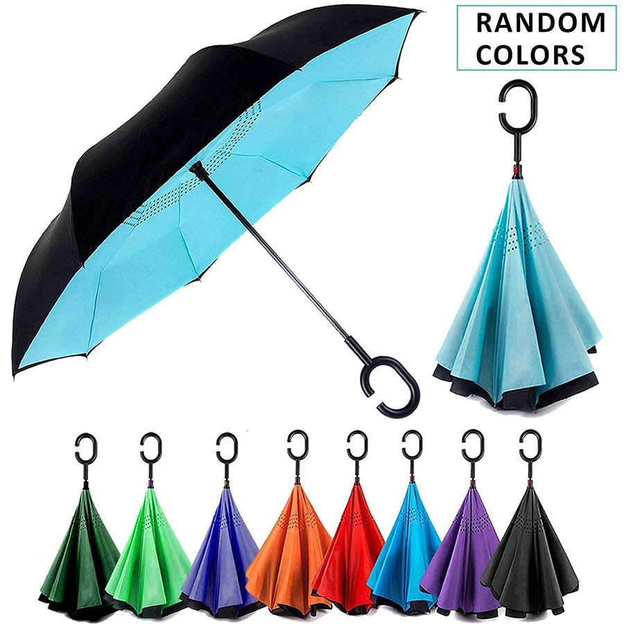 Double Layer Inverted Reversible No Drip Umbrella with C Shape Handle Newest Windproof Reverse Folding Outdoor Car Umbrella for Women & Men ( Multi-Colour )