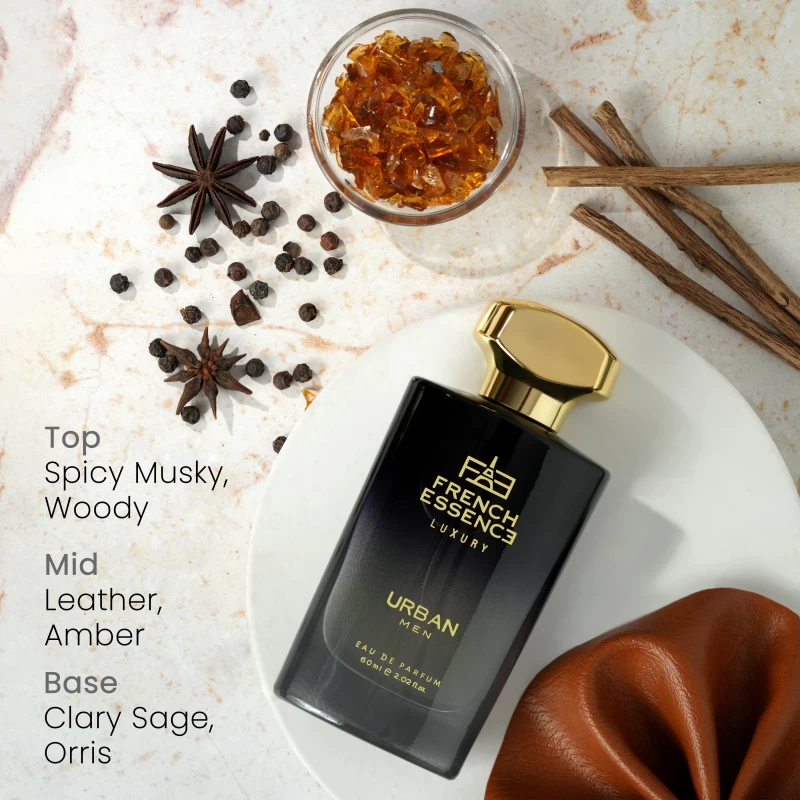 French Essence Luxury Urban Perfume for Men | Woody Leather Long Lasting Eau de Parfum | 60 ml