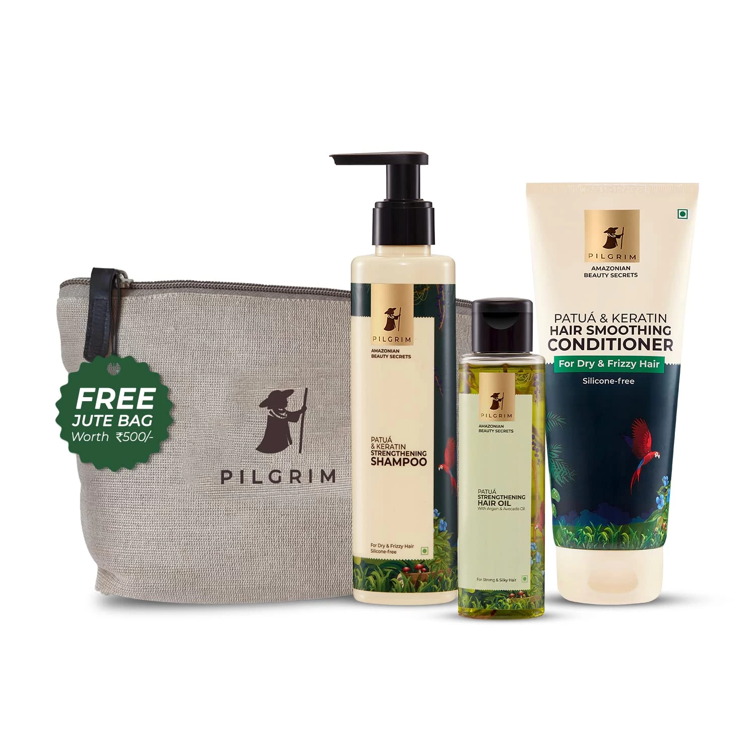 Pilgrim Amazonian Patuá Hair Essentials Ritual for Frizzy Hair with FREE JUTE BAG |Patuá Hair Oil (115 ml) + Patuá & Keratin Shampoo (200 ml) + Patuá & Keratin Conditioner (200 ml)|Healthy shiny hair.
