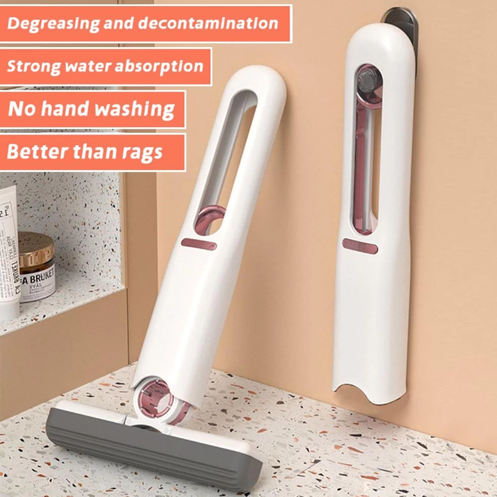 Pink one Handed Mini mop for Tabletop Cleaning, Sponge Wiping, Cotton Wiping, no Hand Washing, Tabletop mop(1 Cotton Heads + 1 Squeeze Handle)