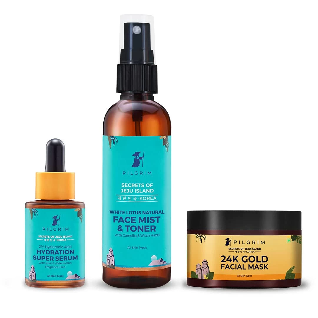 Pilgrim Get That 24K Instant Gold Glow Facial Kit | 2% Alpha Arbutin & 3% Vitamin C Face Serum for Glowing Skin 30ml | Face Mist & Toner for Pore Tightening 100ml |24K Gold Facial Mask | All Skin Type