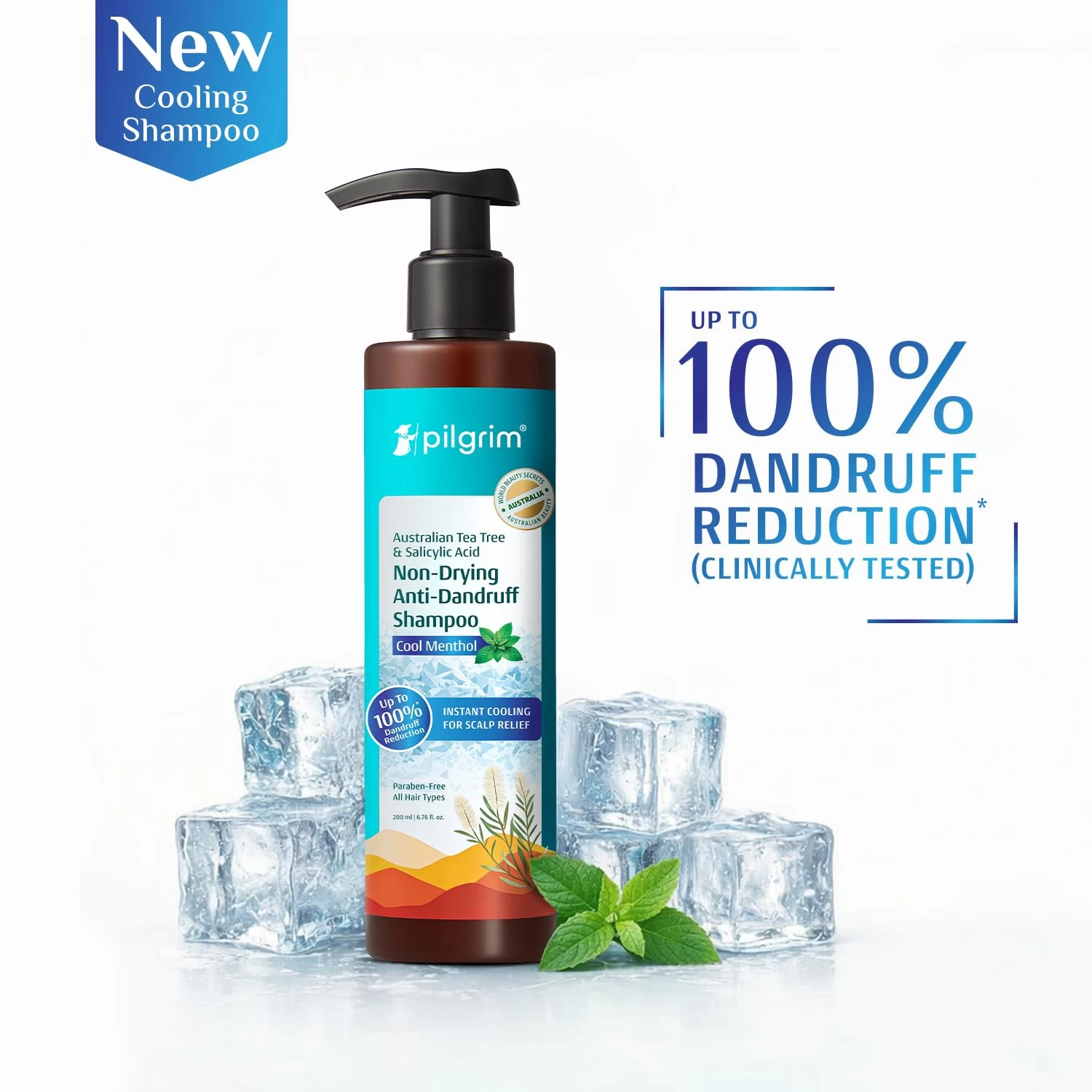Pilgrim Australian Tea Tree & Salicylic Acid Anti-Dandruff Shampoo with Cool Menthol | Up to 100% Dandruff Reduction*| Soothes Itchy Scalp | Non-Drying Formula | All Hair Types | For Men & Women