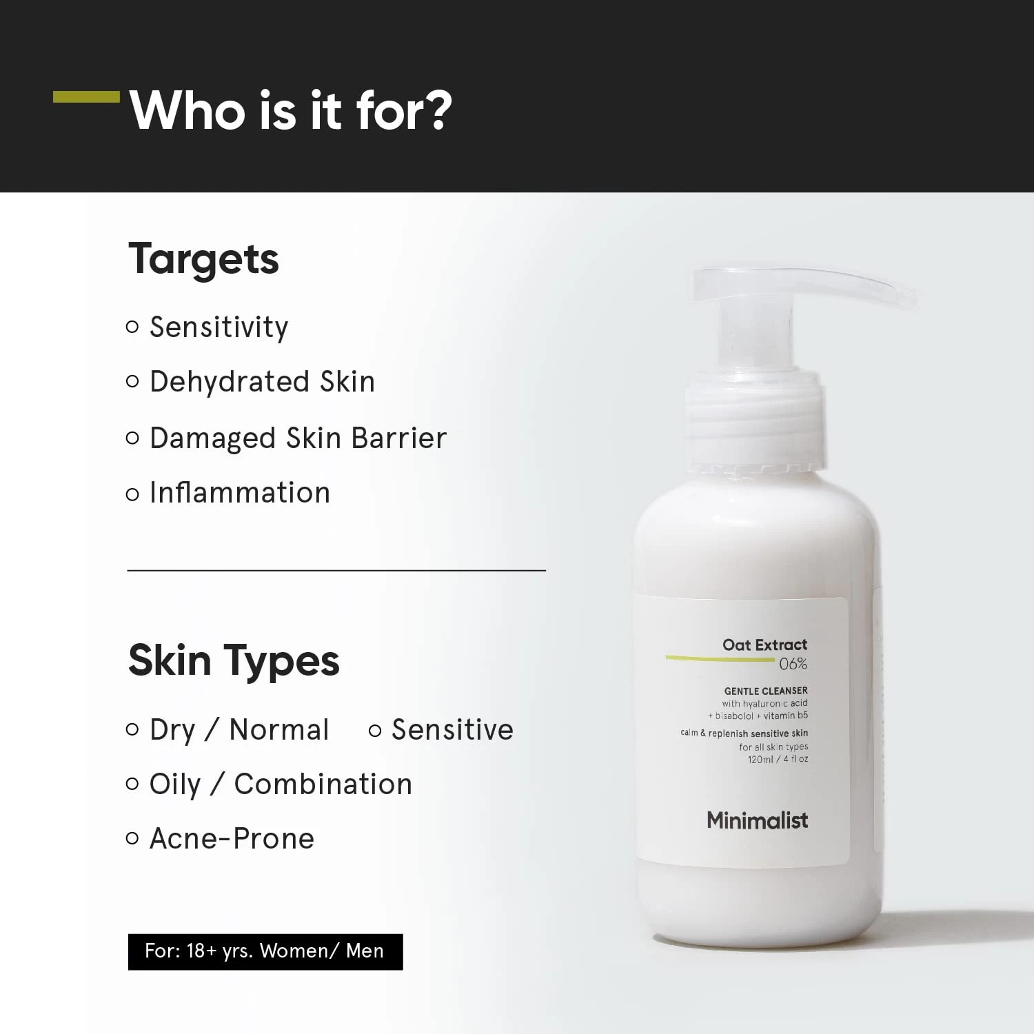 Minimalist Gentle Face Wash With 6% Oat Extract & Hyaluronic Acid For Sensitive Skin (Dry to Normal) | Sulphate Free | Non-Drying | Fragrance Free | Gentle Cleanser