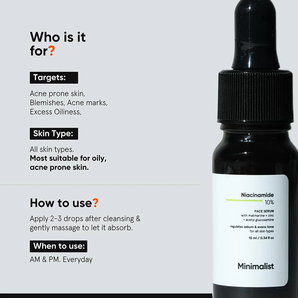 Minimalist 10% Niacinamide Serum with Zinc – Reduces Acne Marks, Controls Oil & Minimizes Pores | Vitamin B3 for Blemish-Free, Clear Skin | For Oily & Acne-Prone Skin