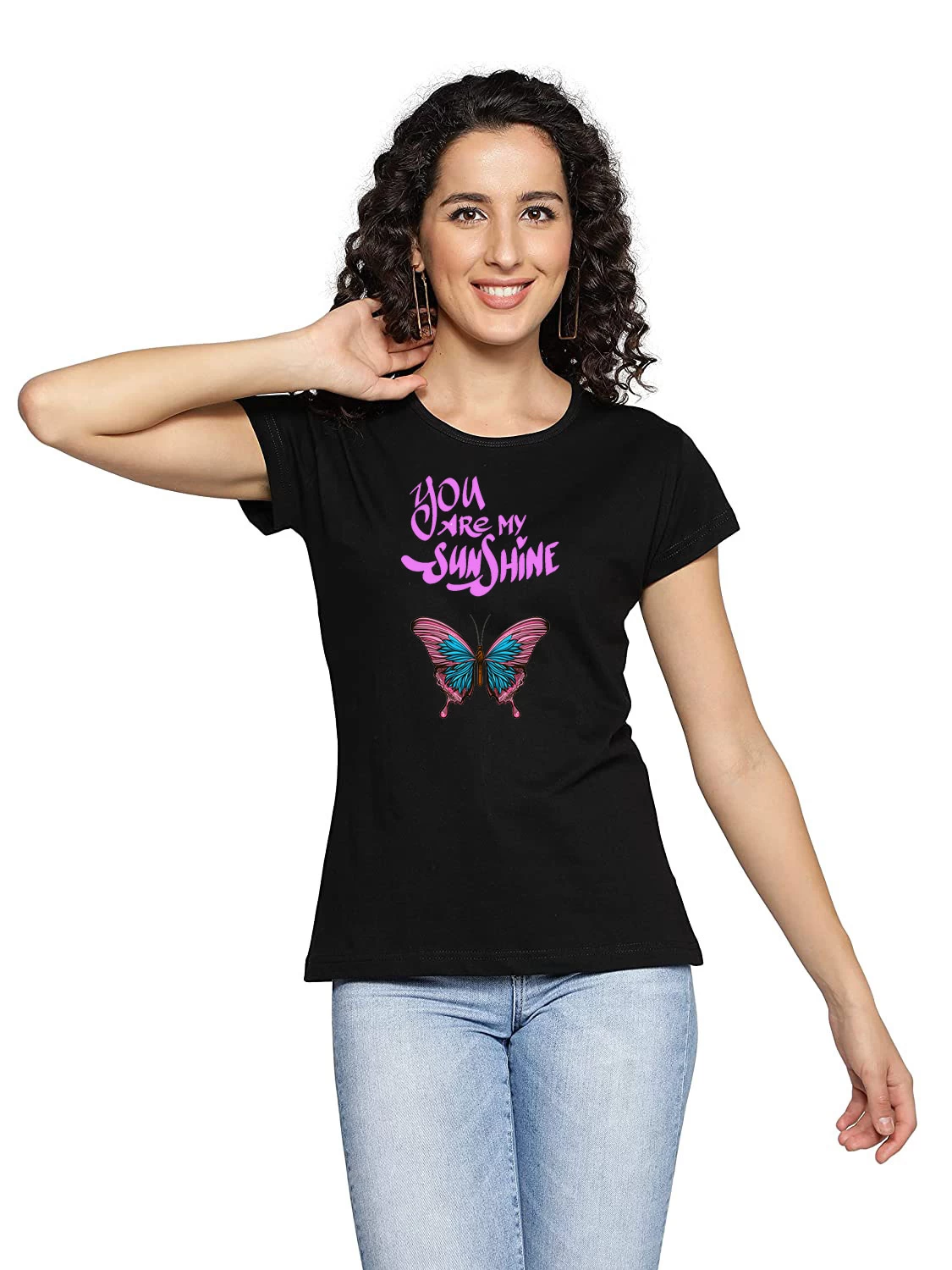 Women's Regular Trendy BLU Butterfly Printed 100% Cotton T-Shirt for Women & Girls