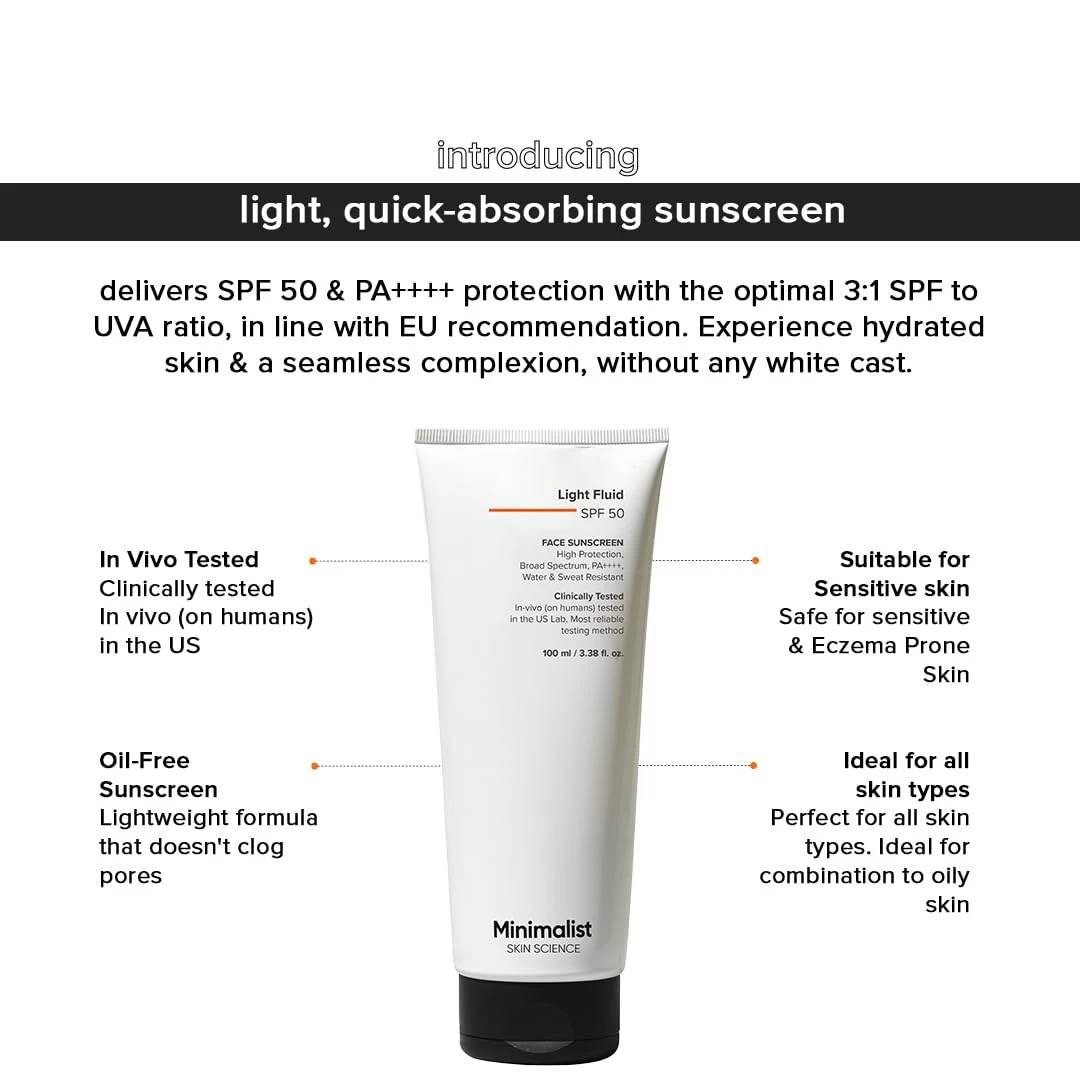 Minimalist Light Fluid Sunscreen SPF 50 for Oily Skin (PA++++) | Clinically Tested in US| No White Cast | Broad Spectrum | Lightweight, Water & Sweat Resistant | For Women & Men |