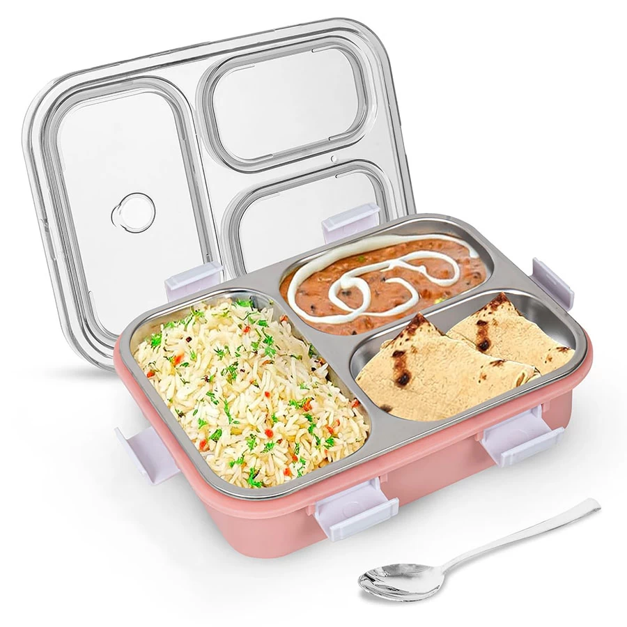 Kawaii Bear Family Stainless Steel Lunch Box 3 Compartment Bento Tiffin Box with 2 Chopsticks & 1 Spoon