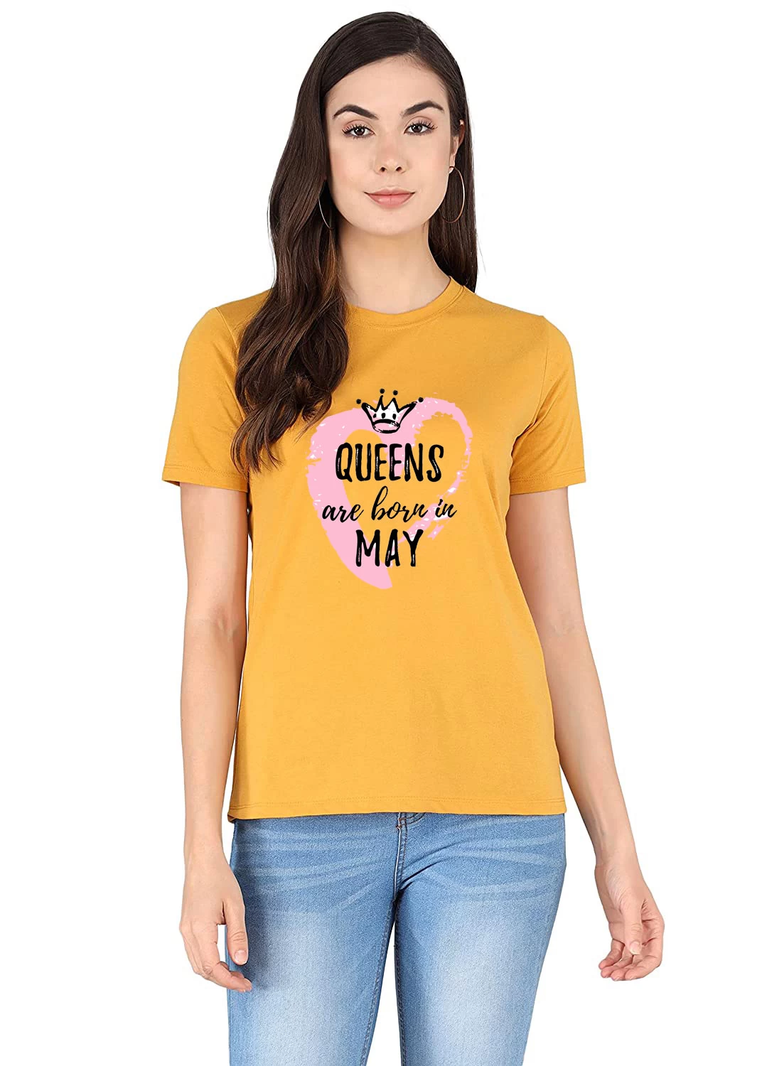 I KING Women Printed Round Neck Cotton Blend Beige T-Shirt