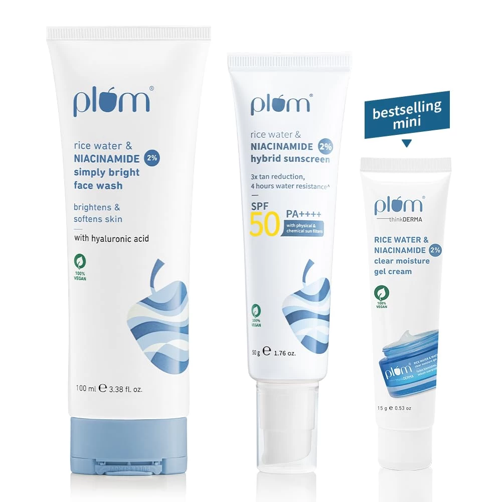 Plum Rice Water & 2% Niacinamide Simply Bright Face Wash 100ml + 2% Niacinamide & Rice Water Sunscreen 50 gm + Free think DERMA 2% Niacinamide & Rice Water Clear Moisture Gel Cream - 15g