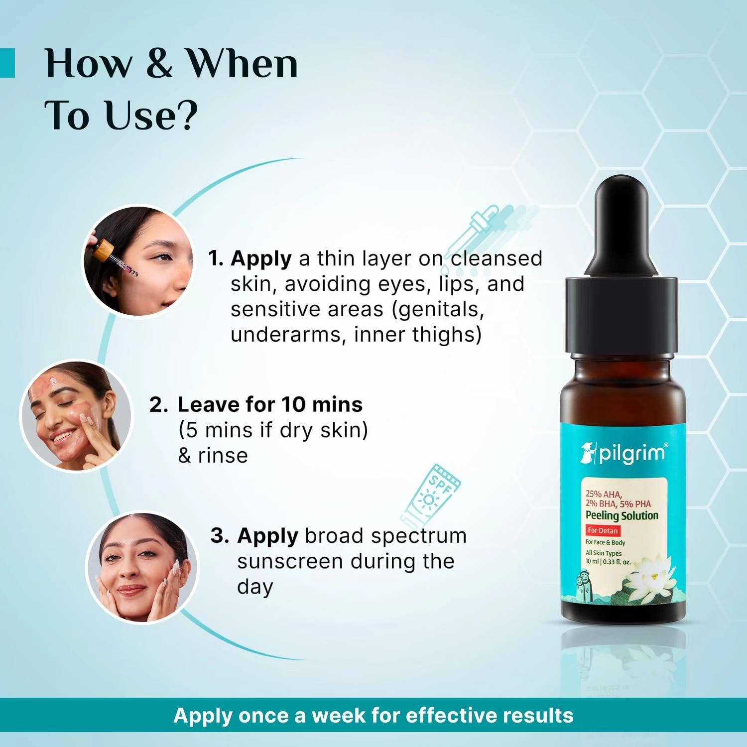 Pilgrim 25% AHA + 2% BHA + 5% PHA Peeling Solution For Tan Removal - 10ml |10-Minute Facial At Home | Advanced Exfoliating Peel for Brighter & Smoother Skin, Pore Cleansing | For All Skin Type