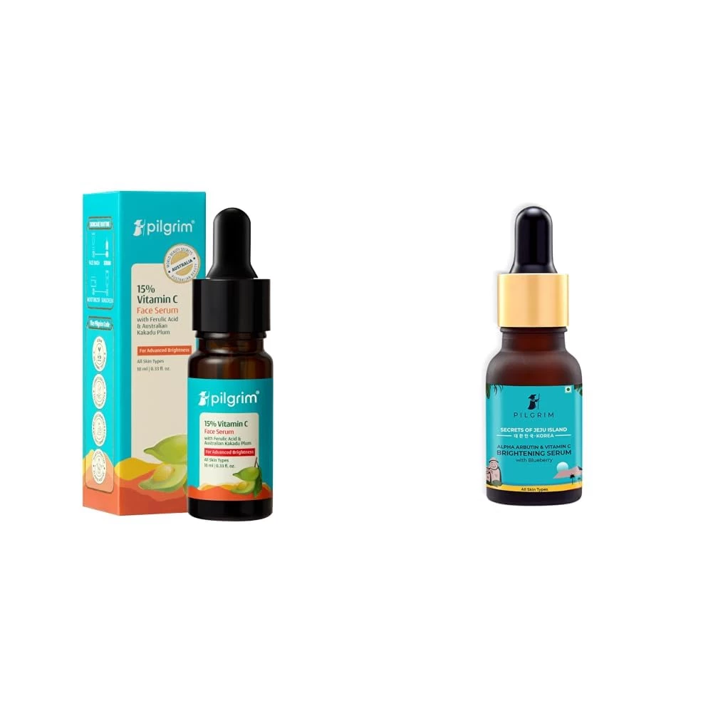 Pilgrim 15% Vitamin C Serum 10ml for Glowing Skin with Ferulic Acid & Kakadu Plum & Korean 2% Alpha Arbutin & 3% Vitamin C Brightening Face Serum (Mini - 5 ml) for glowing skin