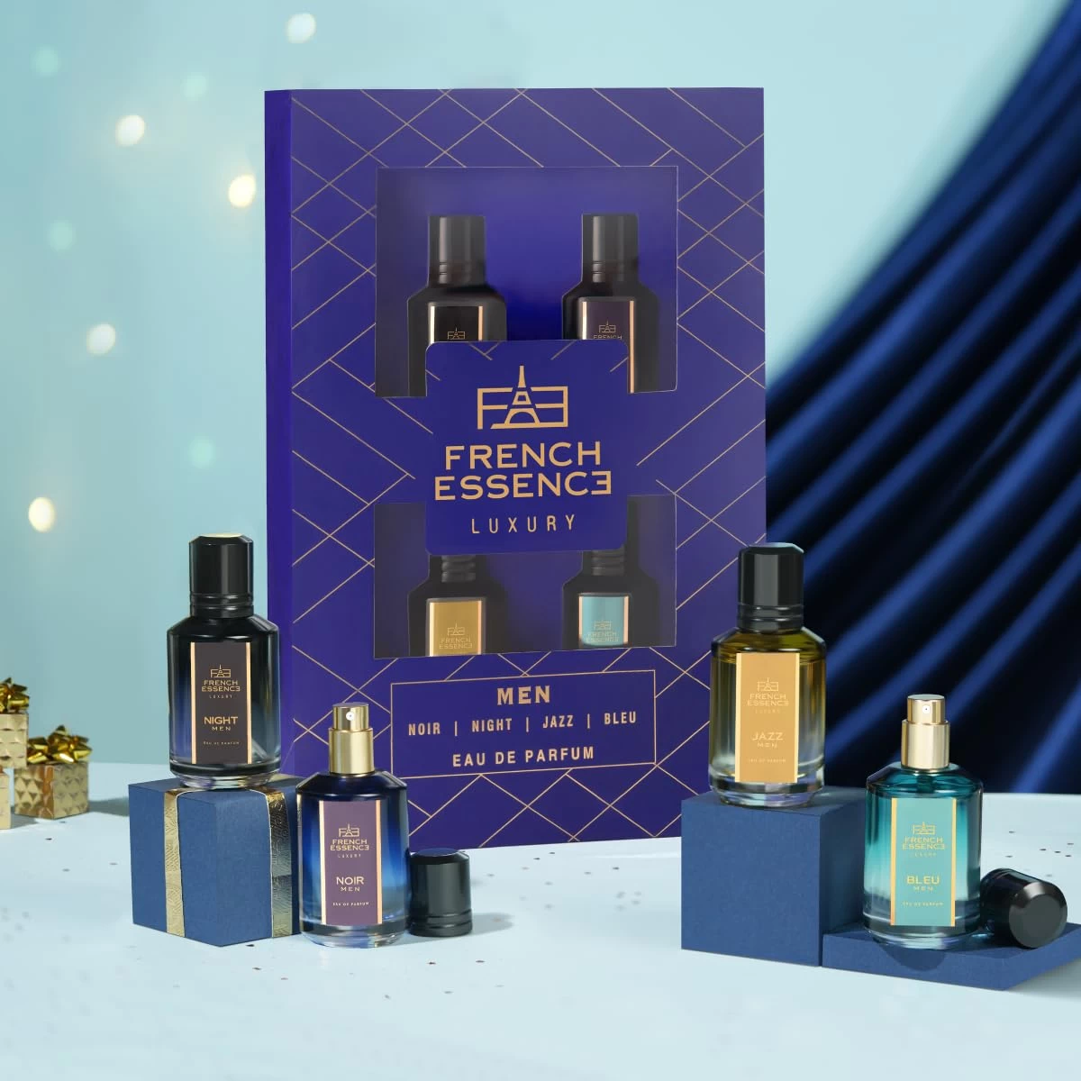 French Essence Luxury Gift Set for Men - Premium Eau de Parfum Blue (Noir, Night, Jazz and Bleu 25ml Each) 100ml