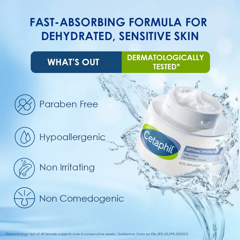 Cetaphil Optimal Hydration Daily Cream 50g | Lightweight Moisturizer & Fast Absorption | Hyaluronic Acid, Blue Daisy Extract, Niacinamide