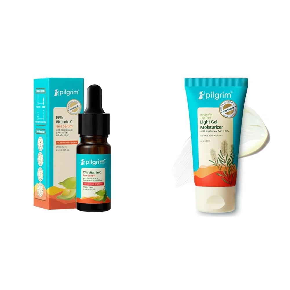 Pilgrim 15% Vitamin C Serum 10ml for Glowing Skin with Ferulic Acid & Kakadu Plum & Australian Tea Tree Light Gel moisturizer for face for oily & acne prone skin with Hyaluronic acid & CICA 80 gm