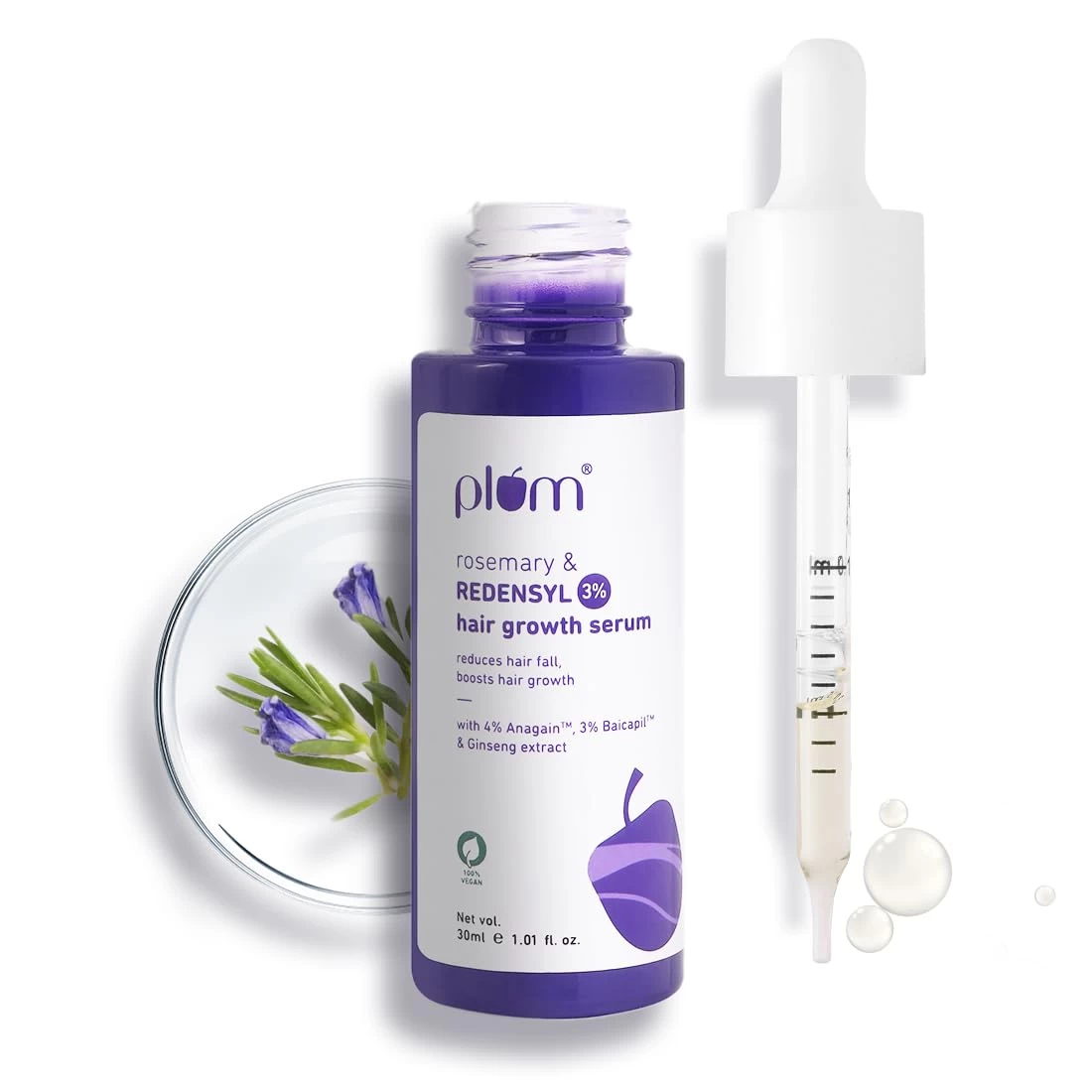 Plum Hair Growth Serum | 3% Redensyl + 4% Anagain + 3% Baicapil | Rosemary & Ginseng Extract