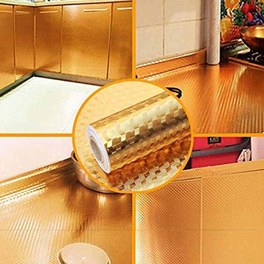 Golden Self Adhesive Kitchen Backsplash Wallpaper, Oil Proof Aluminum Foil Kitchen Sticker