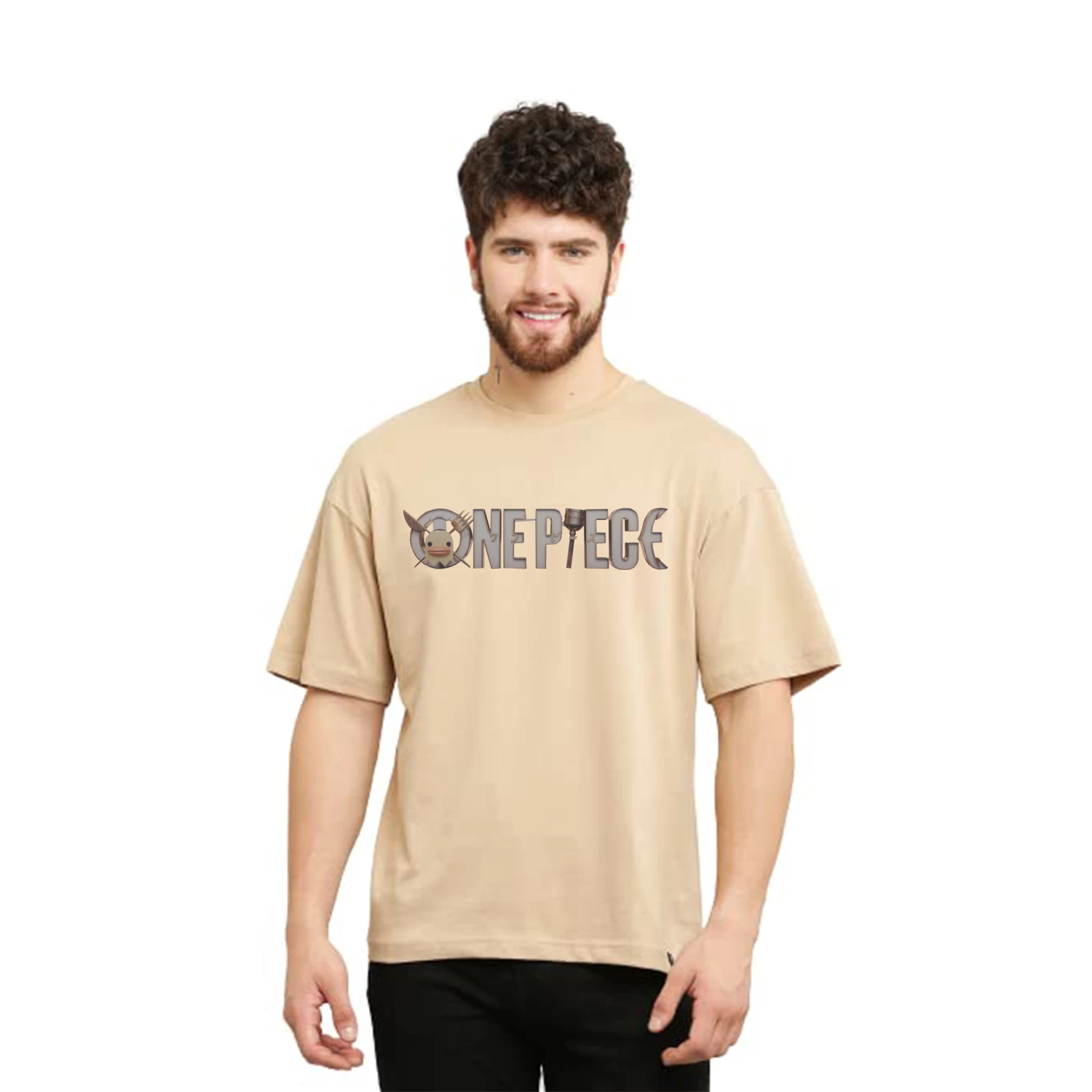 Men Graphic Print Round Neck Polycotton Beige T-Shirt