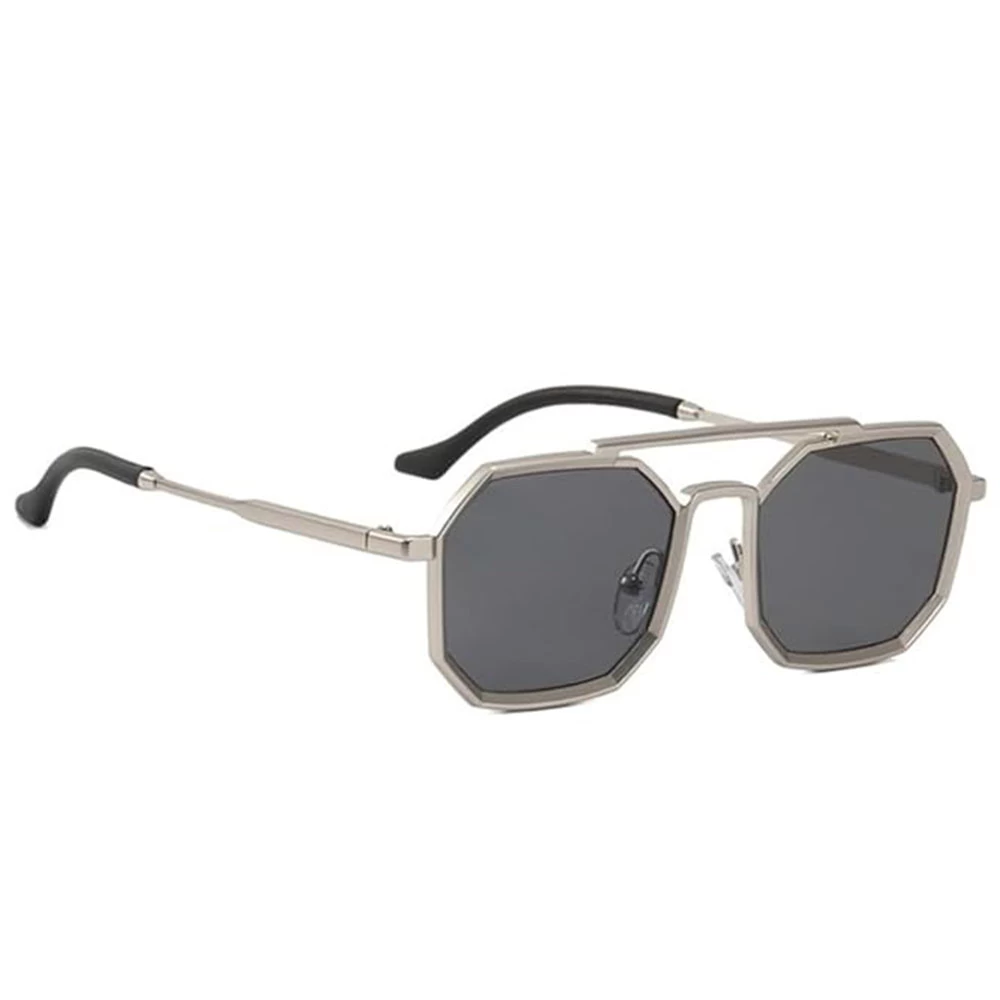 Octagon Geometric Sunglasses with Silver Metal Frame & Black Lens for Men & Women