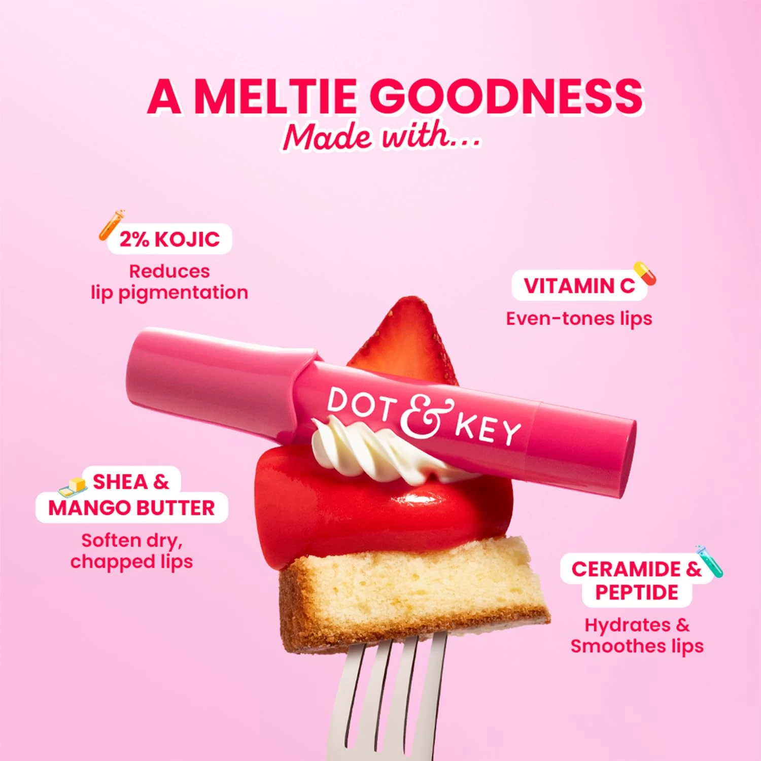Dot & Key Meltie Lip Balm SPF 50+++ In-Vivo Tested With 2% Kojic & Vitamin C | Hydrates Dry, Chapped Lips, Lightens Pigmentation, Brightens Lips | With Shea & Mango Butters, Peptide Infused | Strawber