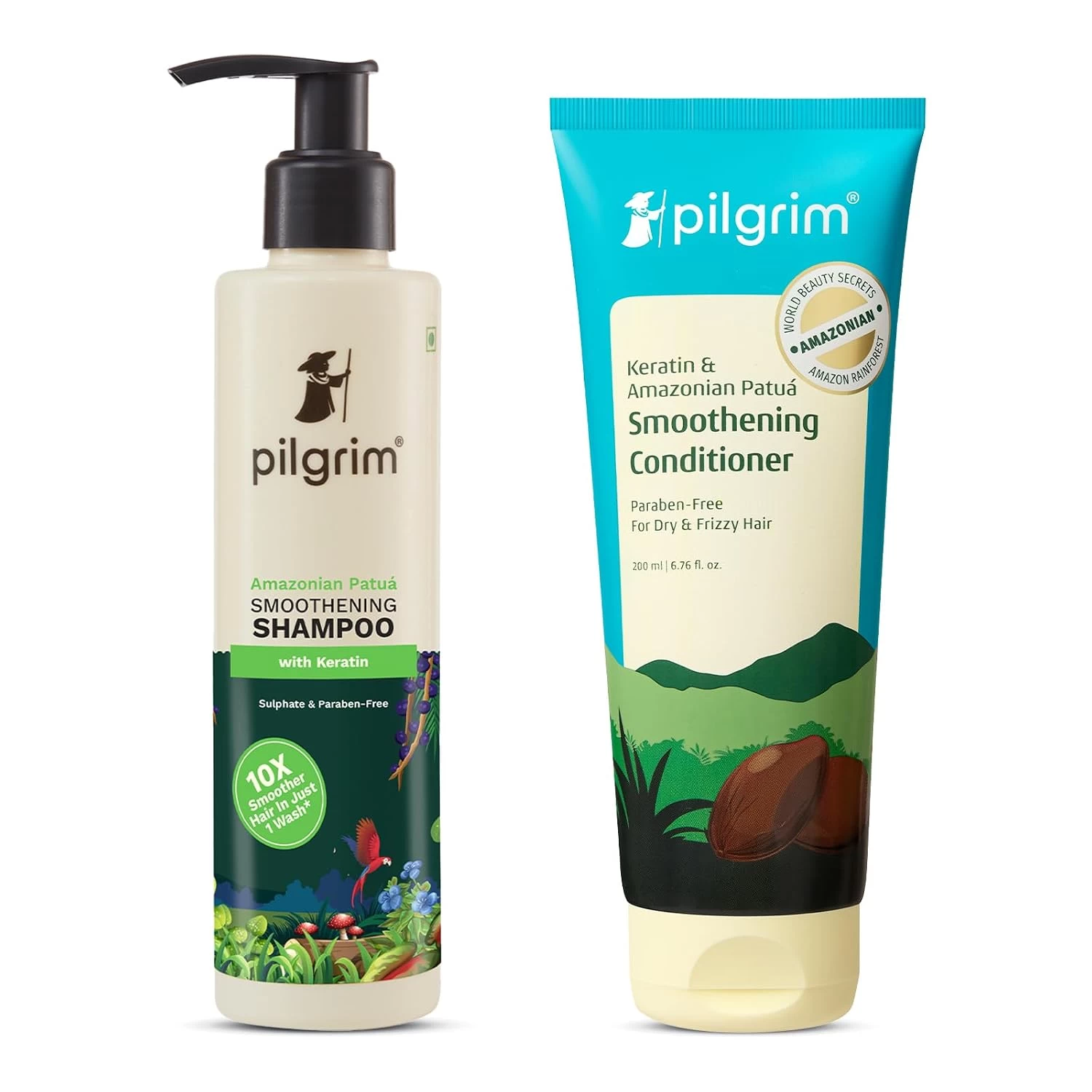 Pilgrim Patua & Keratin Hair SMOOTHENING SHAMPOO for Dry & Frizzy hair 200 ml & Amazonian Patuá & Keratin Hair Smoothing Conditioner-Unscented- For Dry & Frizzy Hair With Sacha Inchi